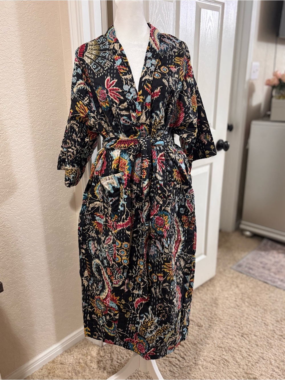 POL Black Floral Paisley Kimono Robe with Belt